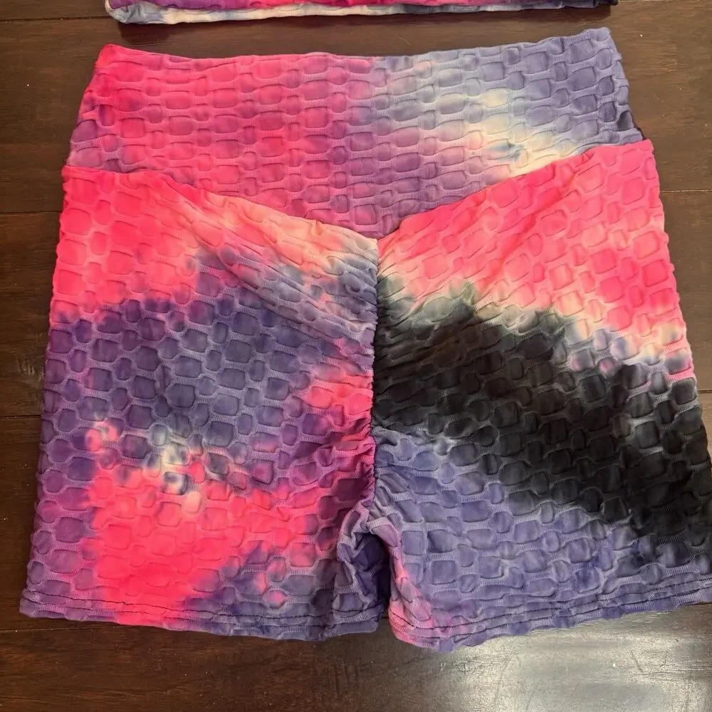 AQ-SPORT 2 Pc Matching Workout Set Sports Bra Biker Shorts Tie Dye Honeycomb M